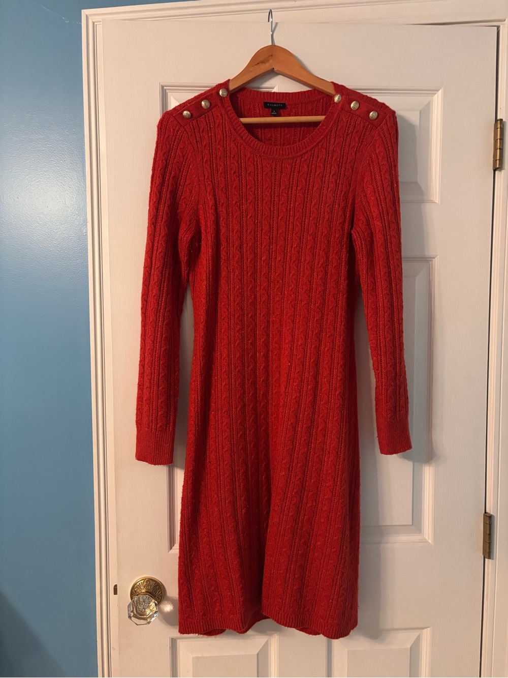 Talbots Red Cable-Knit Sweater Dress with Shoulder Buttons